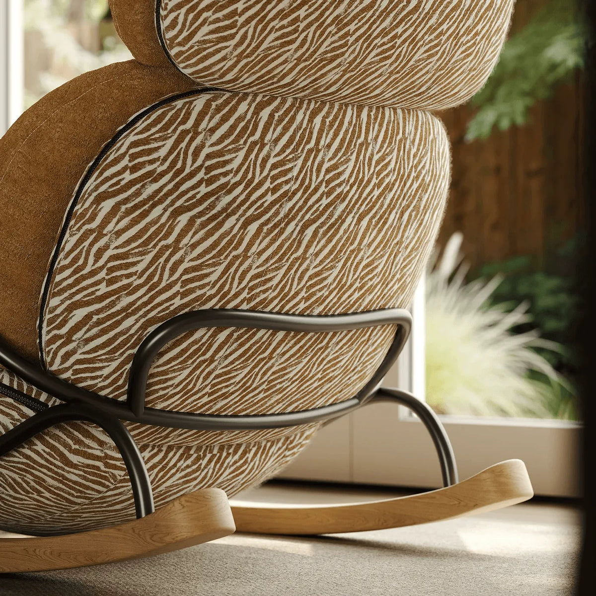 Chestnut Brown Sculptural Rocking Accent Chair With Ash Wood Base and Plush Wool