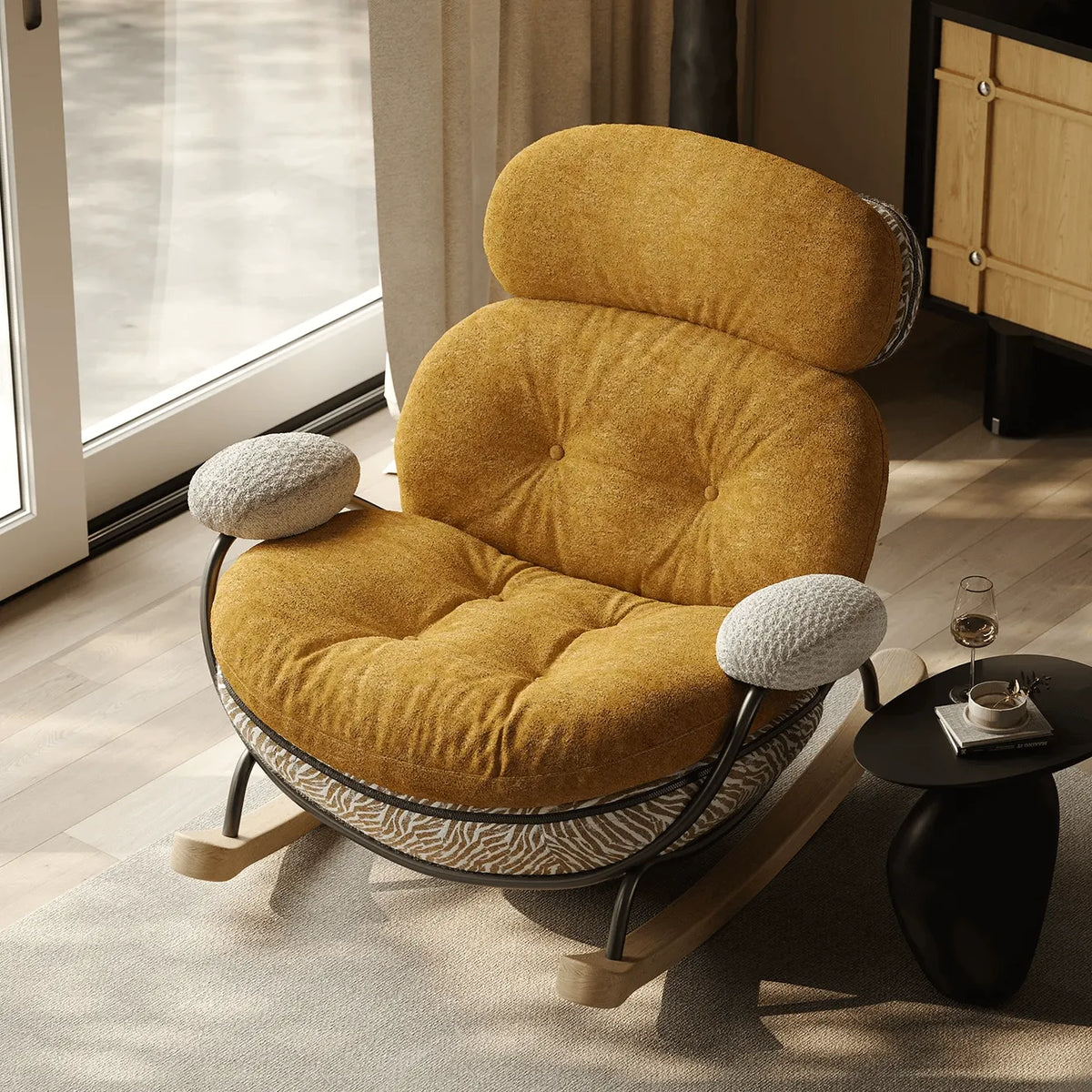 Chestnut Brown Sculptural Rocking Accent Chair With Ash Wood Base and Plush Wool Main Product Image Image principale du produit