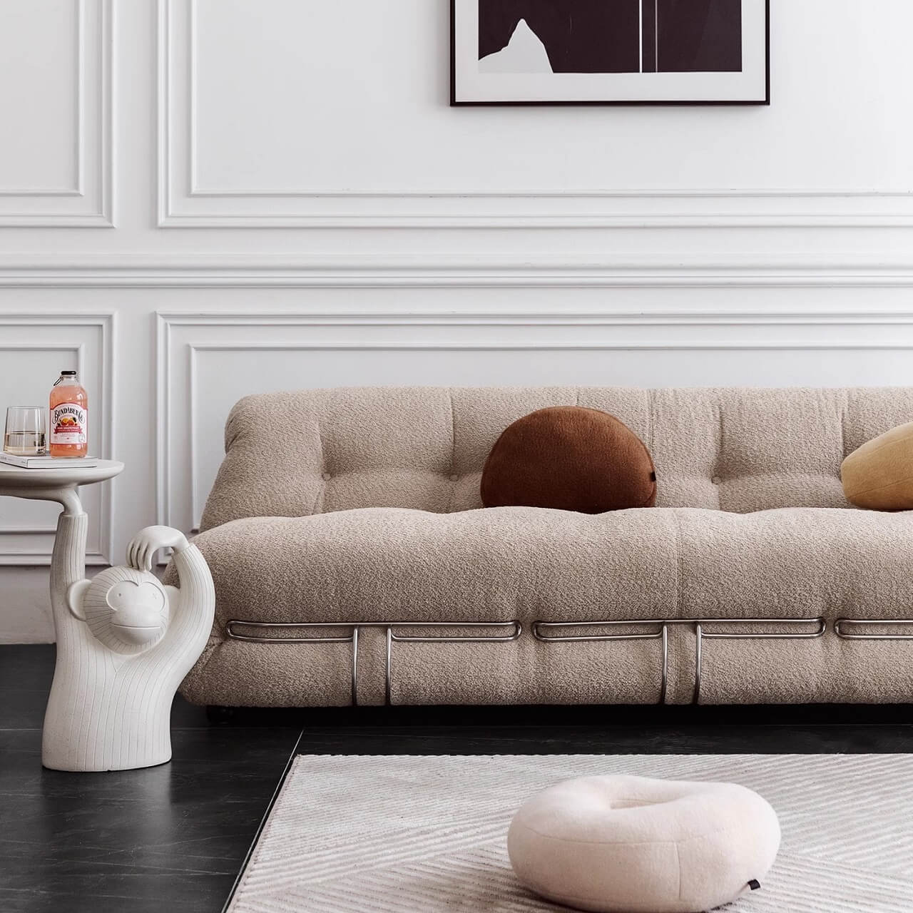 Beige boucle armless sofa with stainless steel frame, stylish and modern design main product image メイン画像