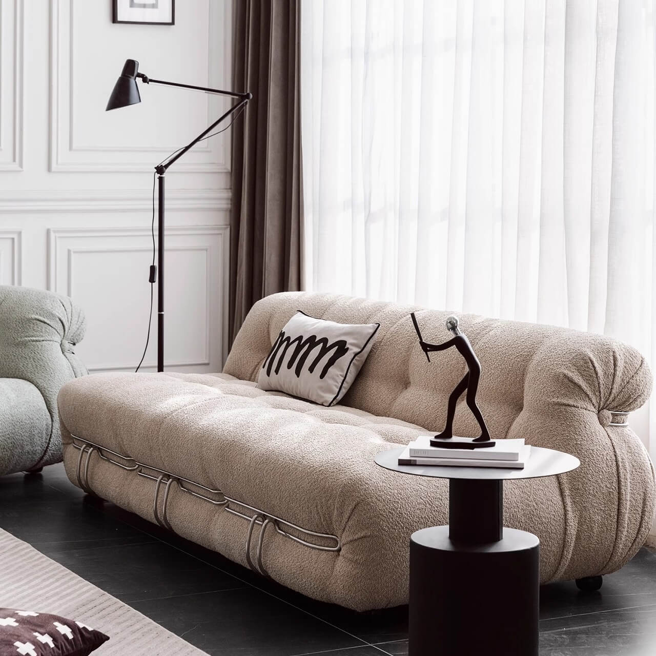 Beige boucle armless sofa with stainless steel frame, stylish and modern design