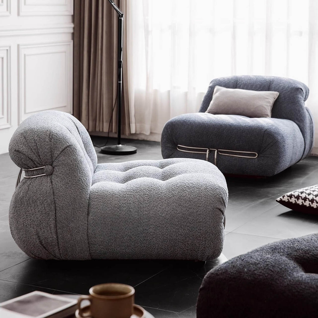 Beige boucle armless sofa with stainless steel frame, stylish and modern design