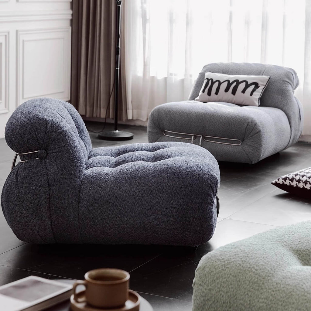 Beige boucle armless sofa with stainless steel frame, stylish and modern design