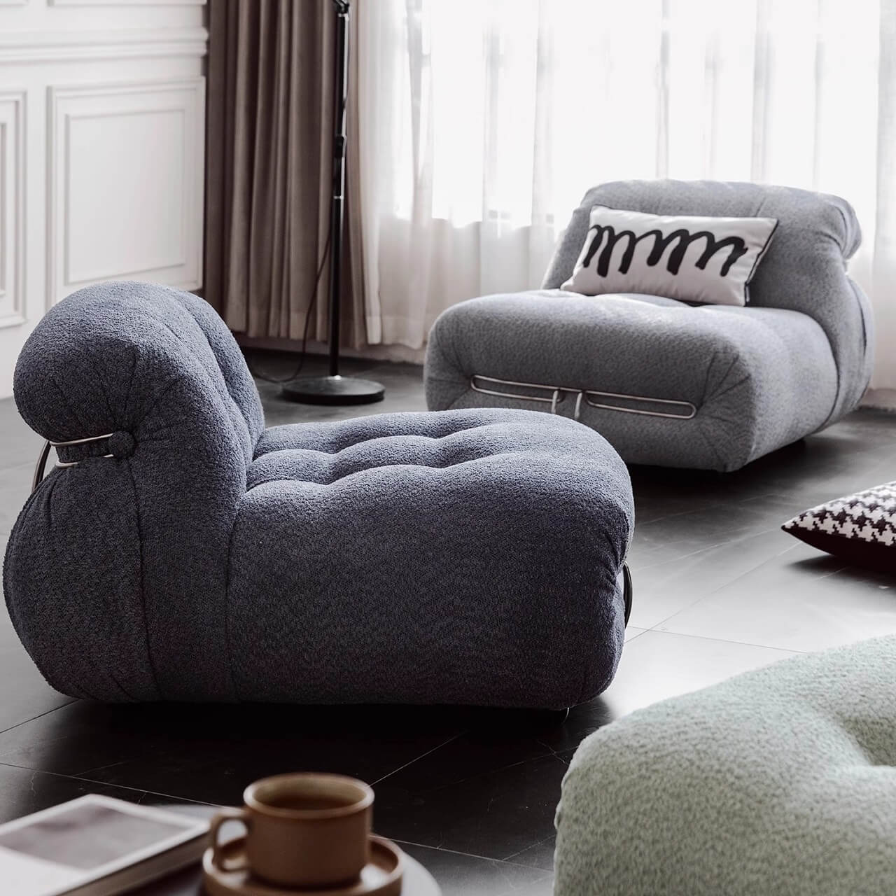 Beige boucle armless sofa with stainless steel frame, stylish and modern design