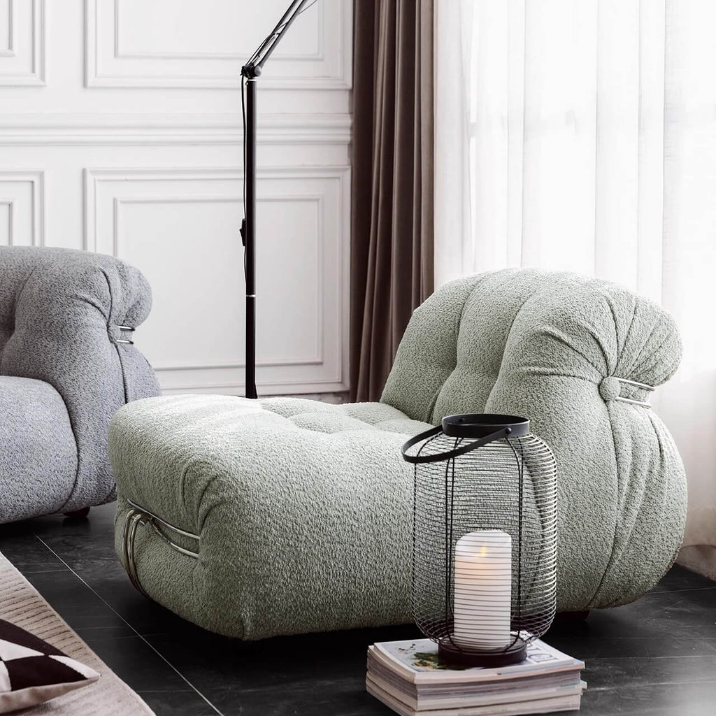 Beige boucle armless sofa with stainless steel frame, stylish and modern design