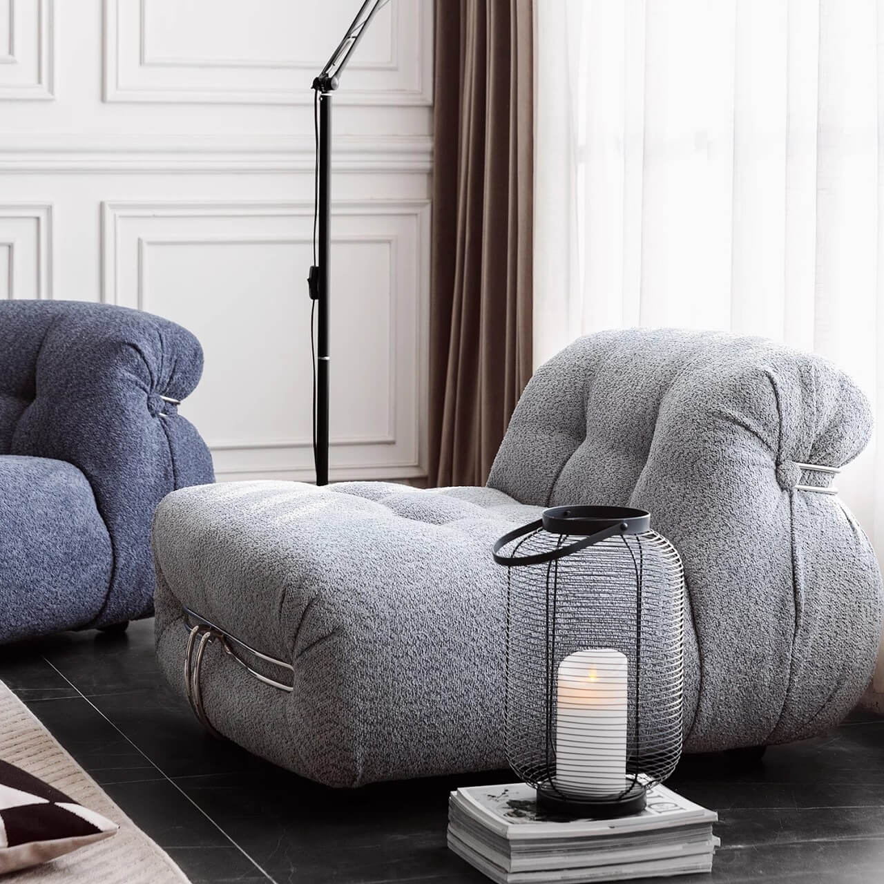 Beige boucle armless sofa with stainless steel frame, stylish and modern design