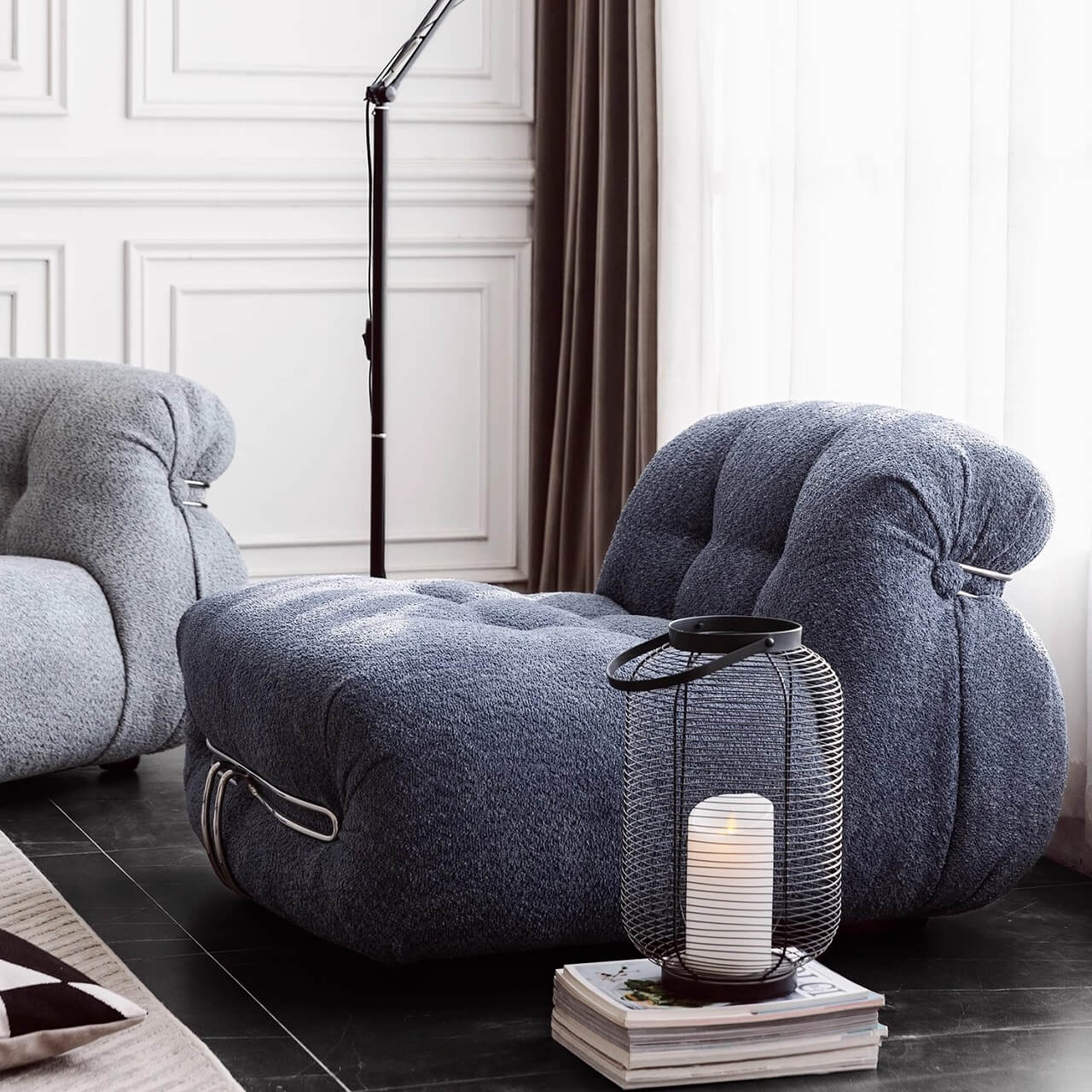 Beige boucle armless sofa with stainless steel frame, stylish and modern design