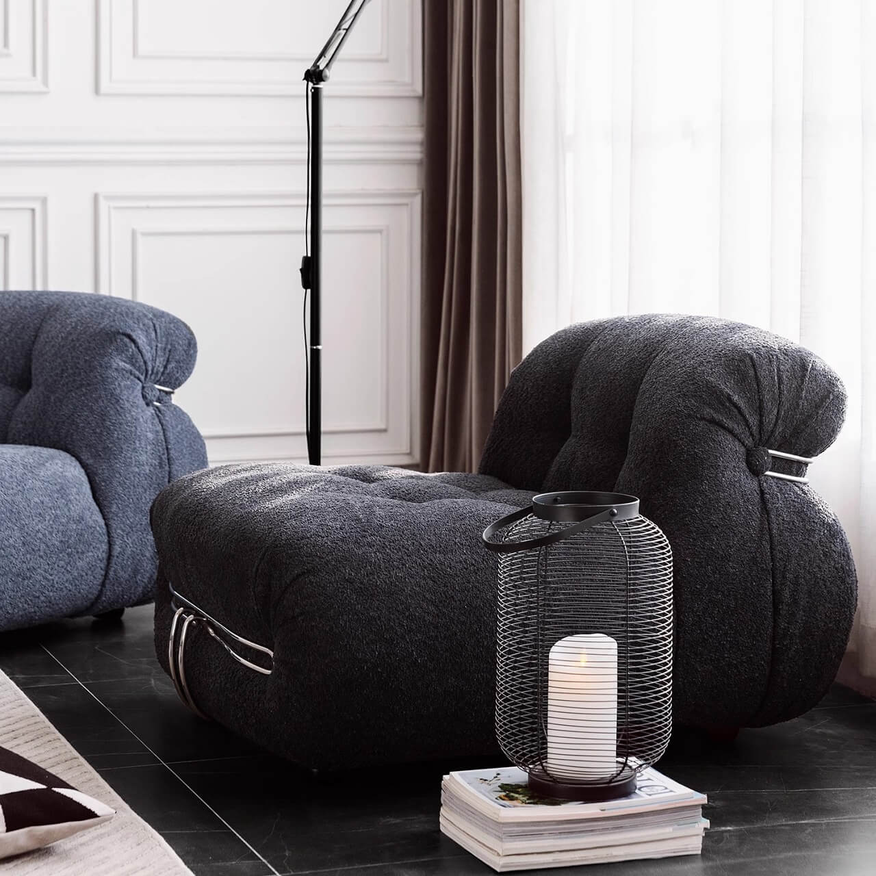 Beige boucle armless sofa with stainless steel frame, stylish and modern design