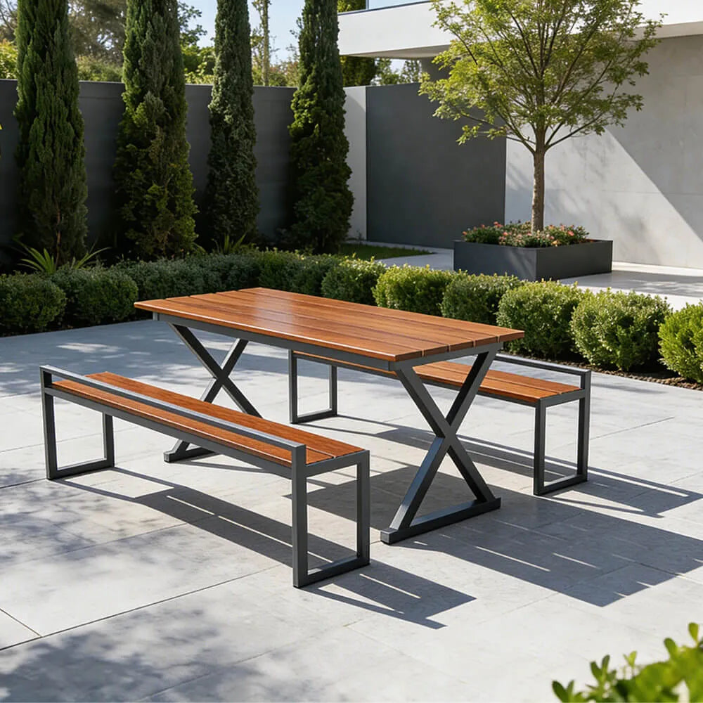 Clean-Lined Outdoor Dining Bench Set in Weather-Ready Composite Wood