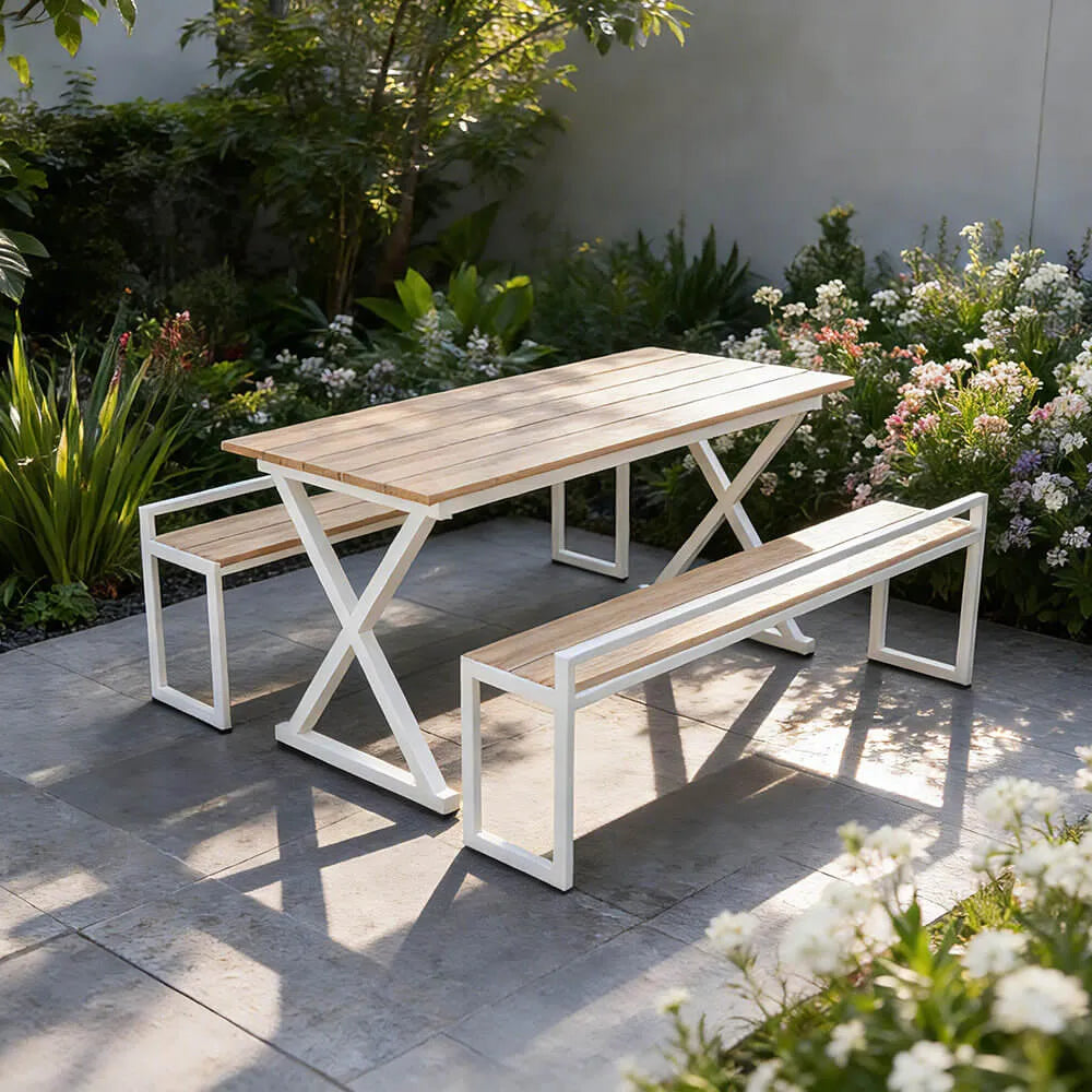 Clean-Lined Outdoor Dining Bench Set in Weather-Ready Composite Wood Main Product Image