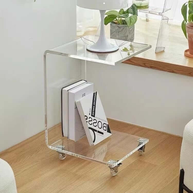 Clear Acrylic C-Shaped Accent Table with Wheels