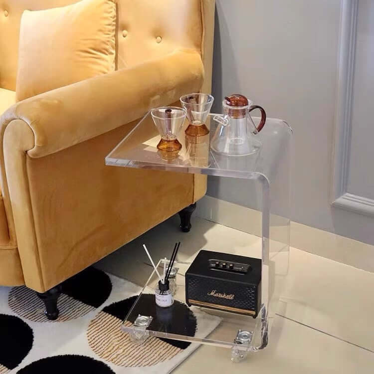 Clear Acrylic C-Shaped Accent Table with Wheels