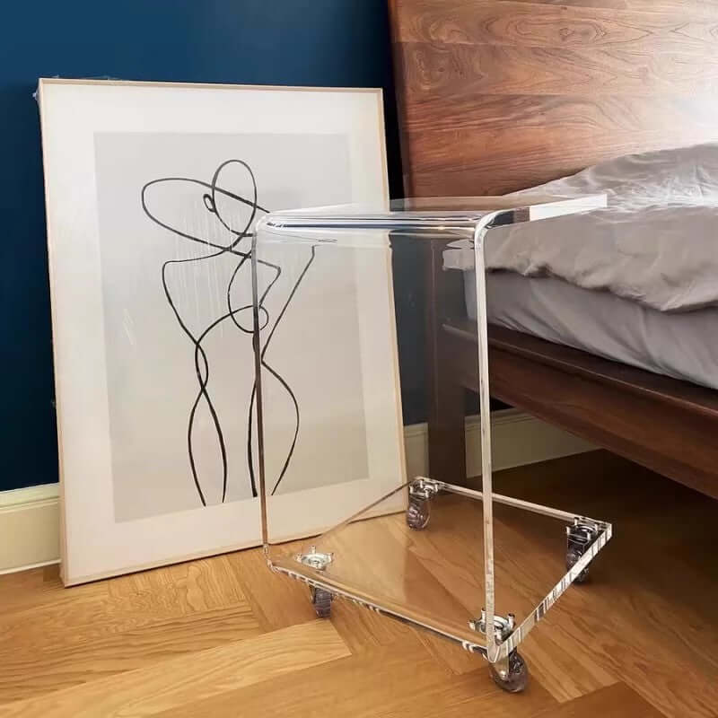 Clear Acrylic C-Shaped Accent Table with Wheels