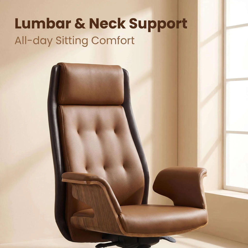 Cloud Executive Office Chair – Faux Leather High-Back Design with Wood Accents