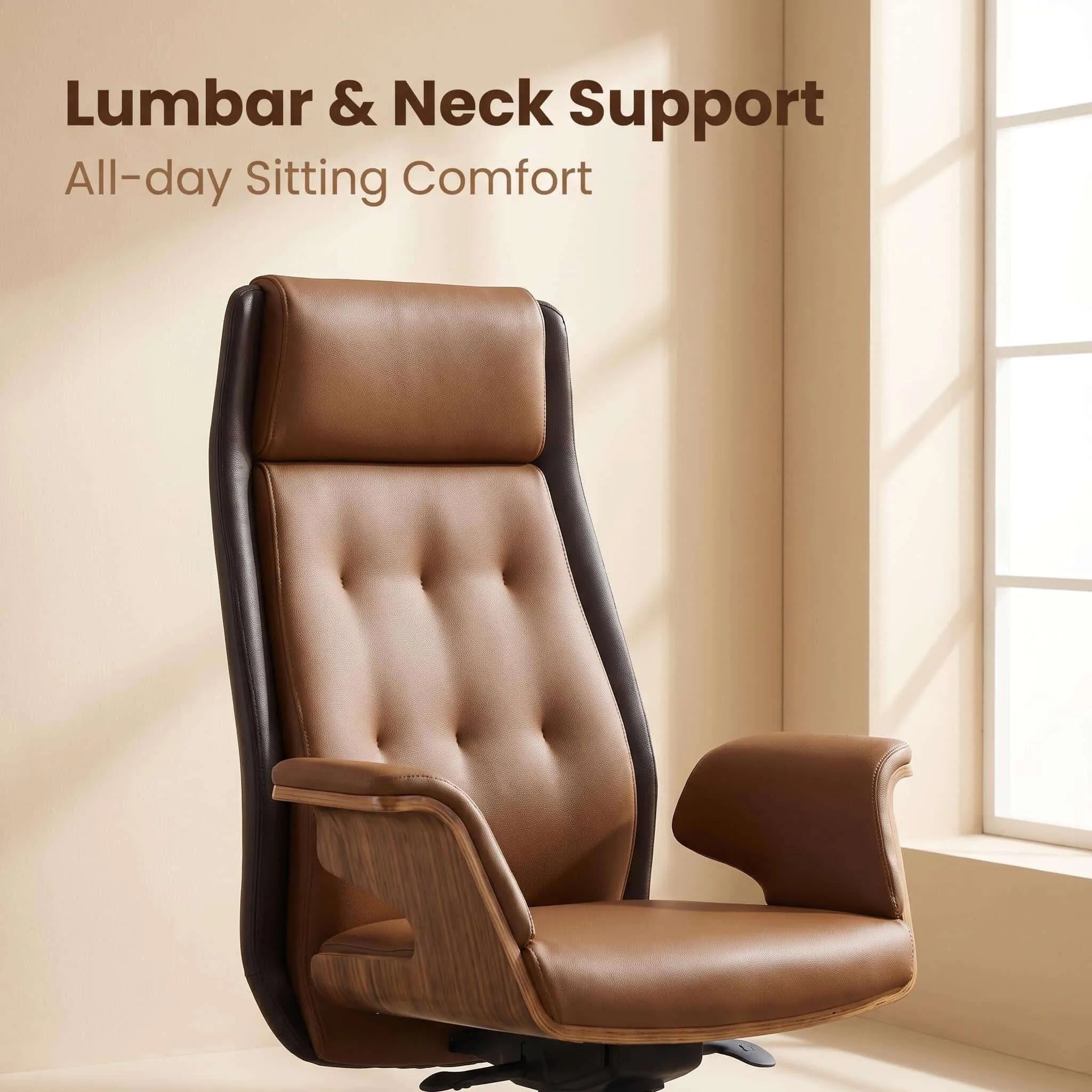 Cloud Executive Office Chair – Faux Leather High-Back Design with Wood Accents
