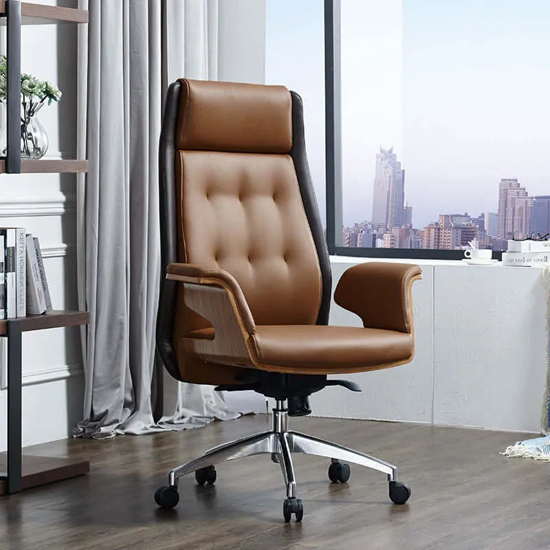 Cloud Executive Office Chair – Faux Leather High-Back Design with Wood Accents