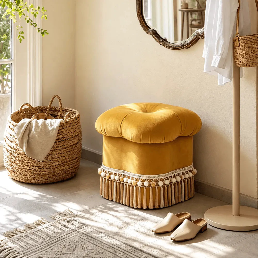Cloud Petal Tassel Velvet Ottoman Stool for Bedroom Corners and Vanity