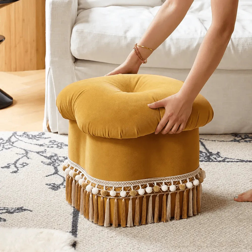 Cloud Petal Tassel Velvet Ottoman Stool for Bedroom Corners and Vanity