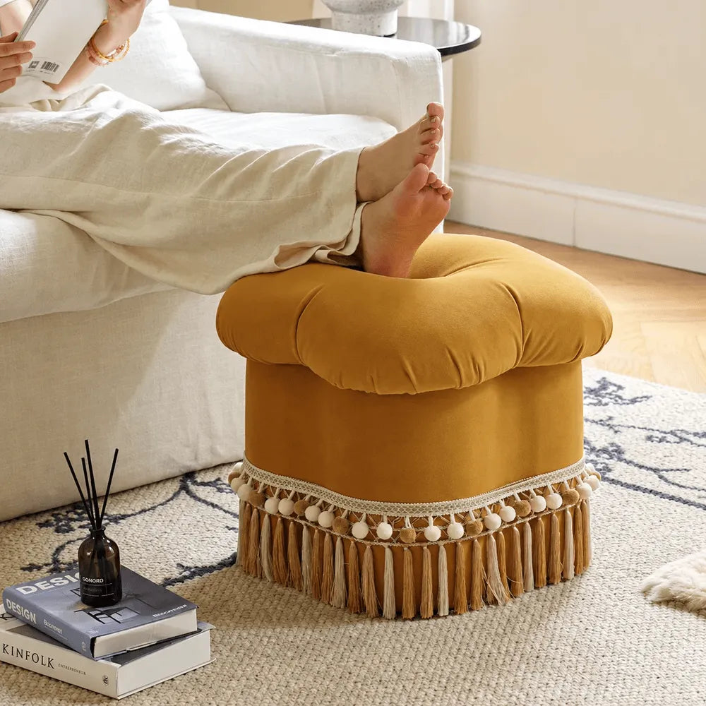 Cloud Petal Tassel Velvet Ottoman Stool for Bedroom Corners and Vanity