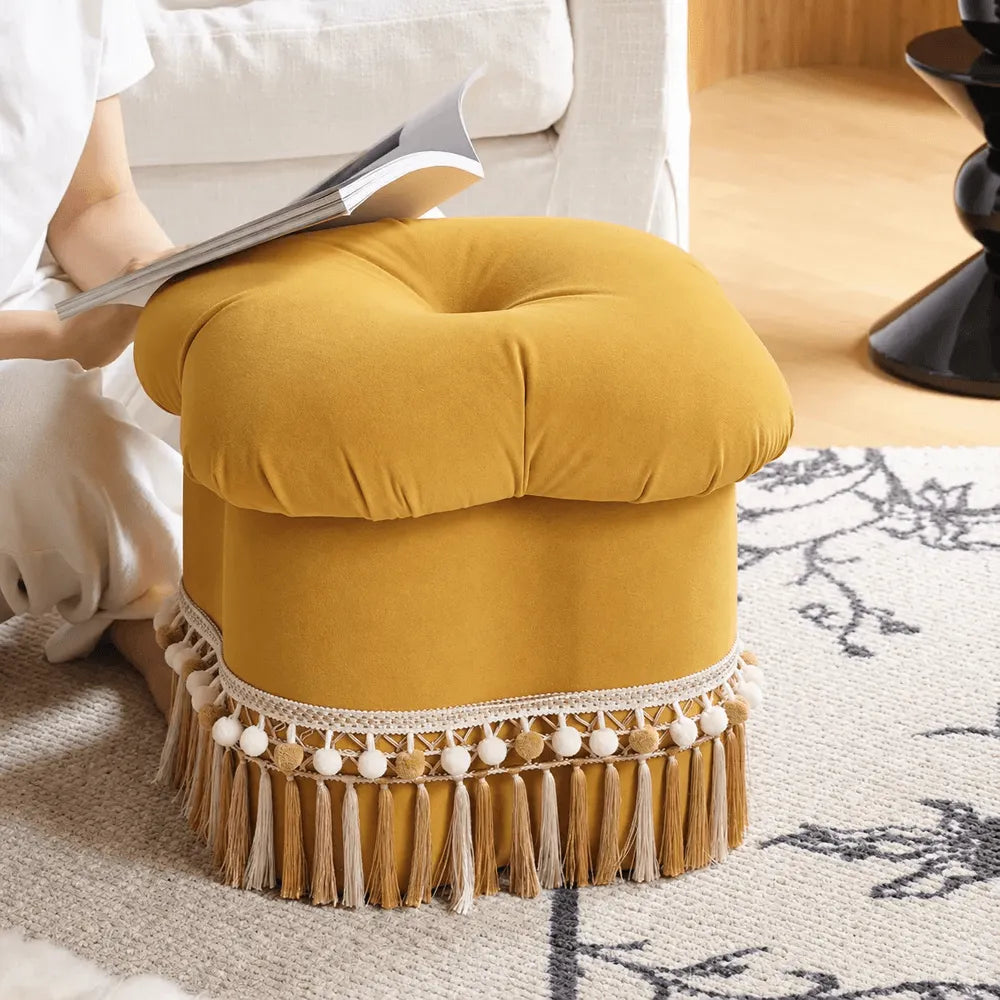 Cloud Petal Tassel Velvet Ottoman Stool for Bedroom Corners and Vanity