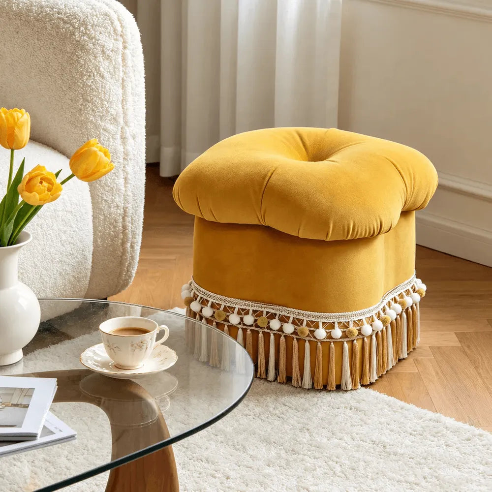 Cloud Petal Tassel Velvet Ottoman Stool for Bedroom Corners and Vanity