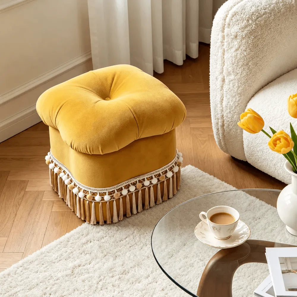Cloud Petal Tassel Velvet Ottoman Stool for Bedroom Corners and Vanity