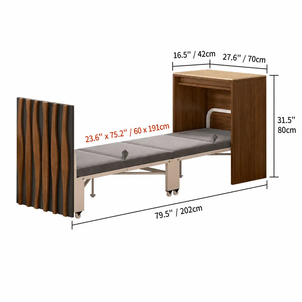 Coco Slim Convertible Folding Single Bed and Desk Combo, Textured Mid-Century Storage Cabinet Dimensions