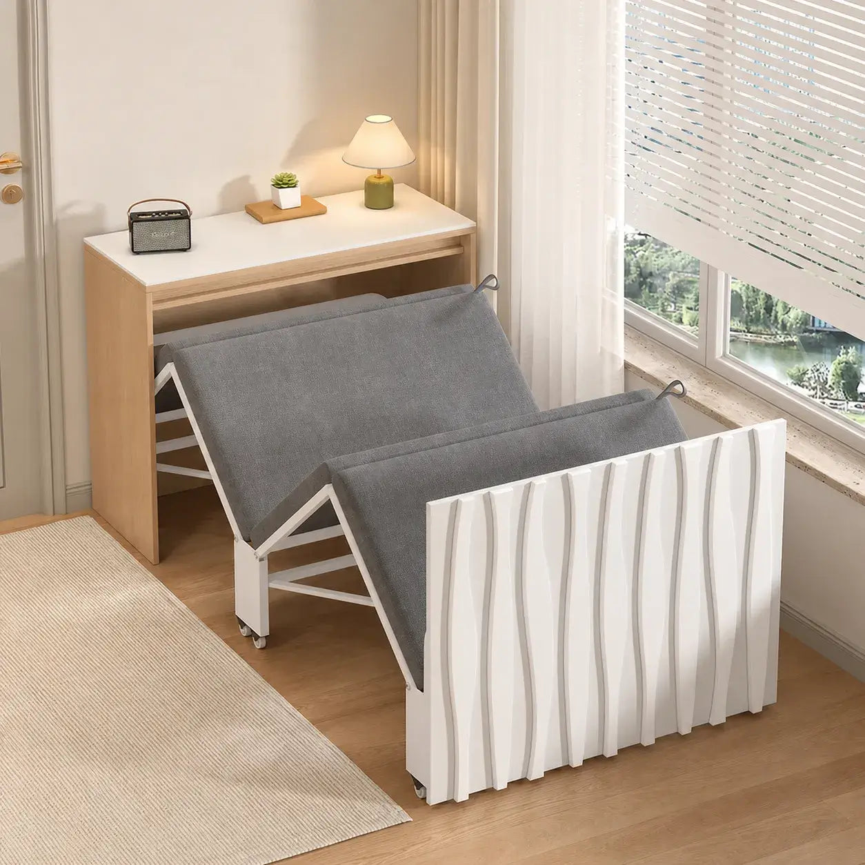 Coco Slim Convertible Folding Single Bed and Desk Combo, Textured Mid-Century Storage Cabinet