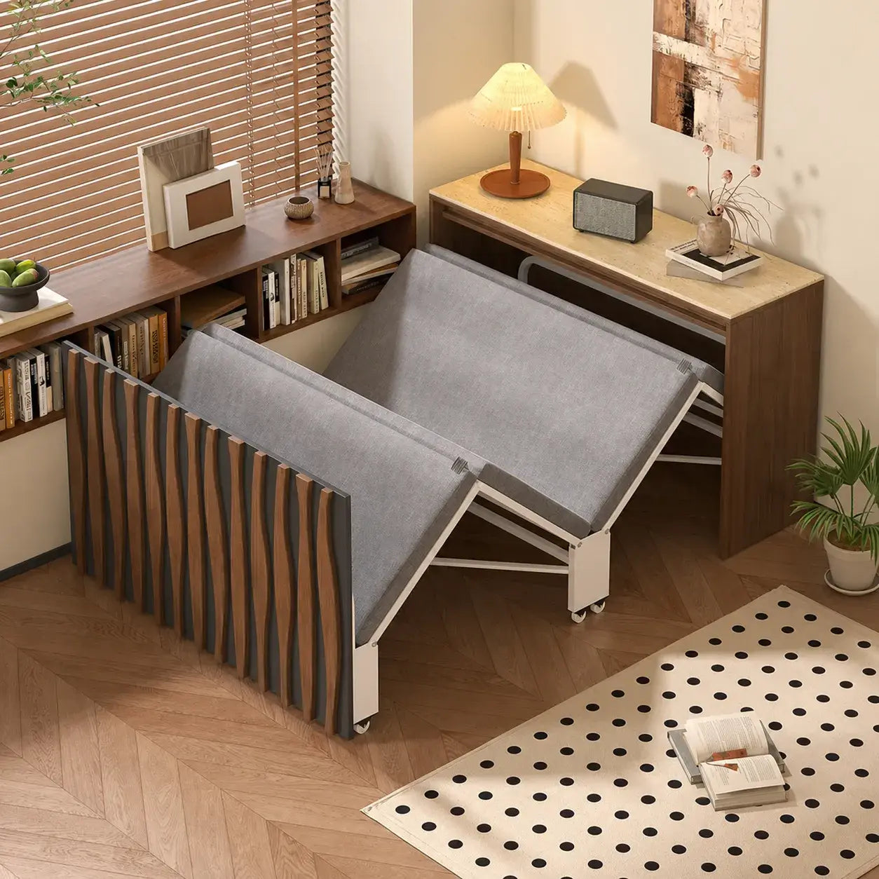 Coco Slim Convertible Folding Single Bed and Desk Combo, Textured Mid-Century Storage Cabinet