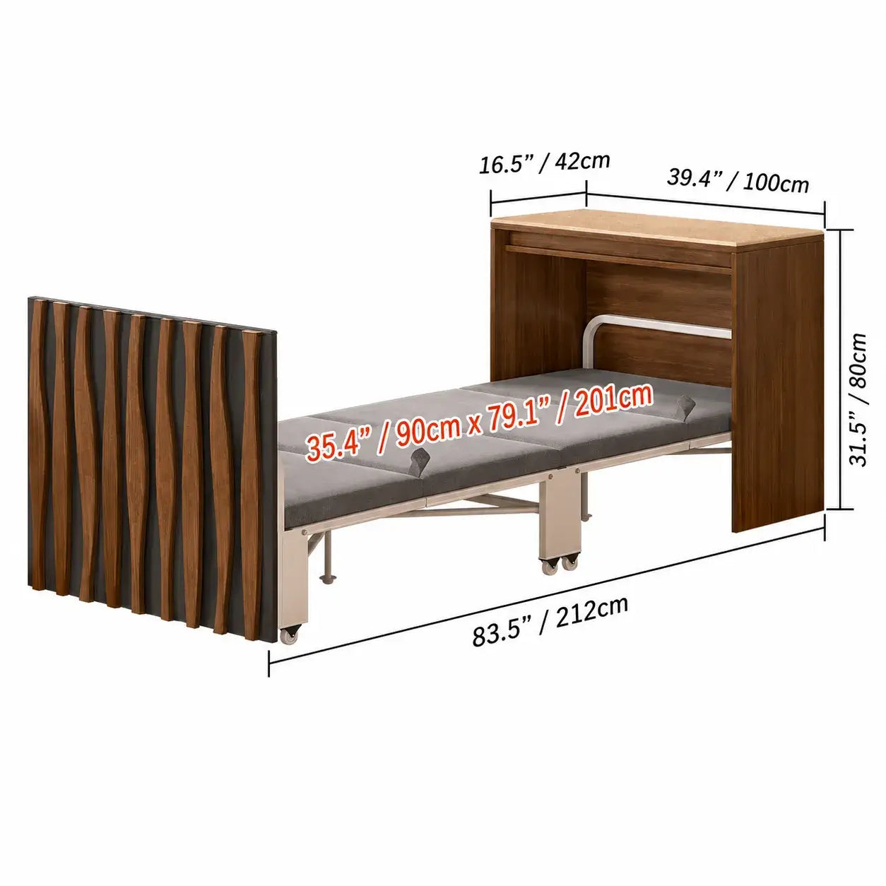Coco Slim Convertible Folding Single Bed and Desk Combo, Textured Mid-Century Storage Cabinet Dimensions