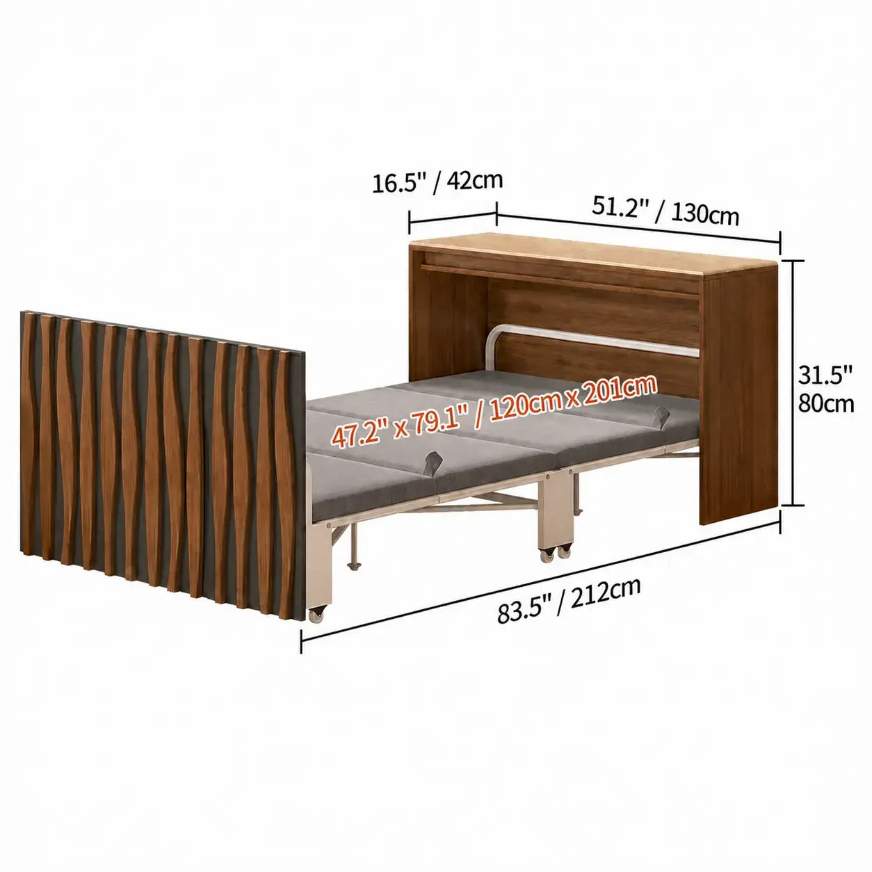 Coco Slim Convertible Folding Single Bed and Desk Combo, Textured Mid-Century Storage Cabinet Dimensions