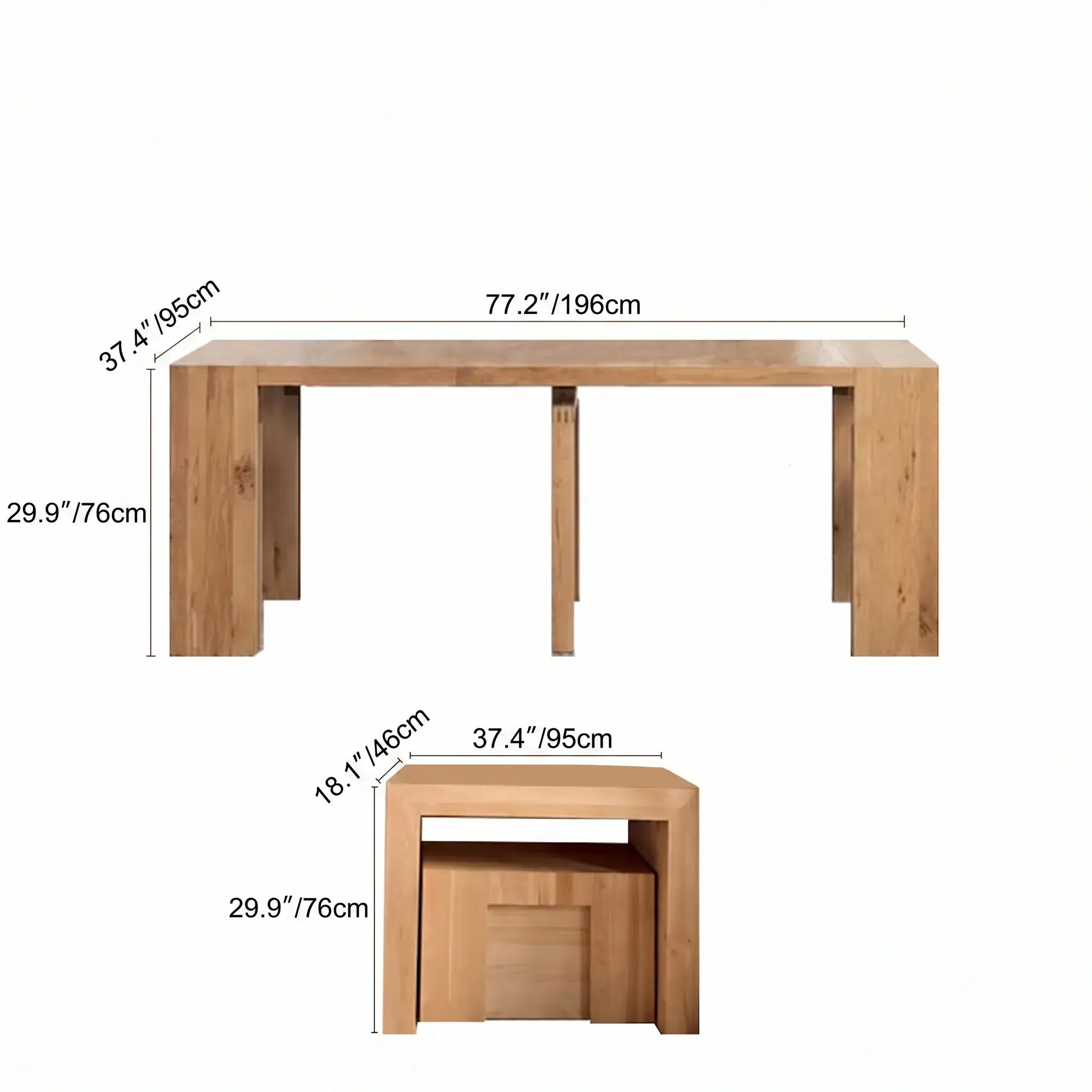 Coco Slim Dining Table, Extendable Ash Wood Console-to-Dining Design Dimensions