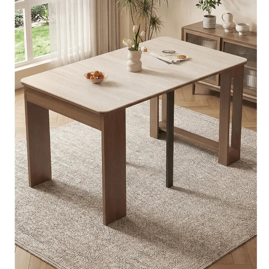 Coco Slim Dining Table in Mid-Century Wood and Matte Stone Design