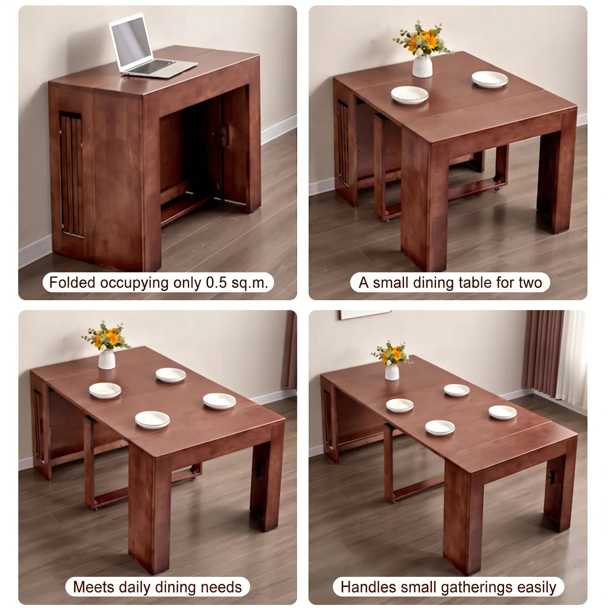 Coco Slim Dining Table, Solid Wood Extendable Storage Design for Small Spaces