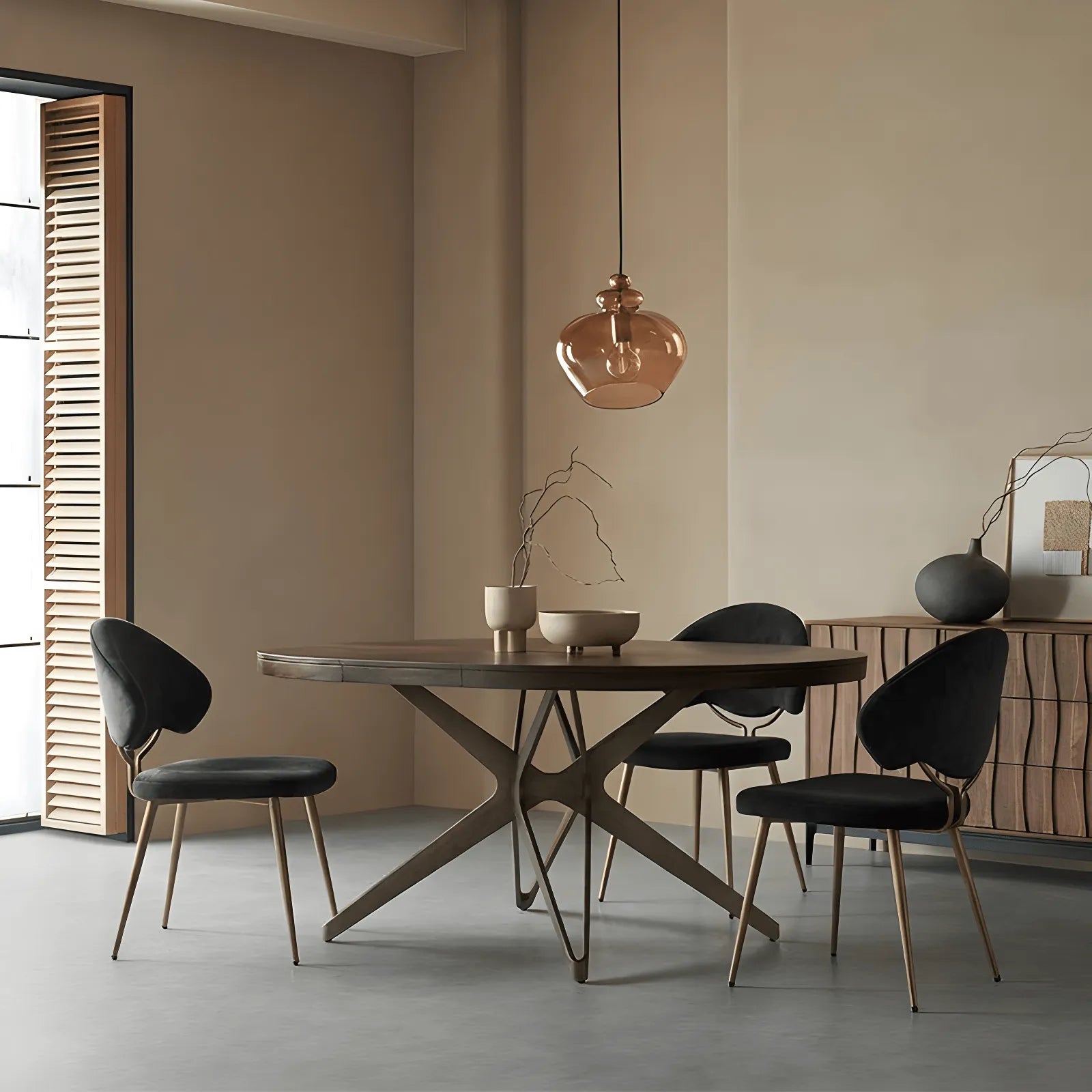 Coco Slim Extendable Table, Round Wood Dining Design With Brass Legs