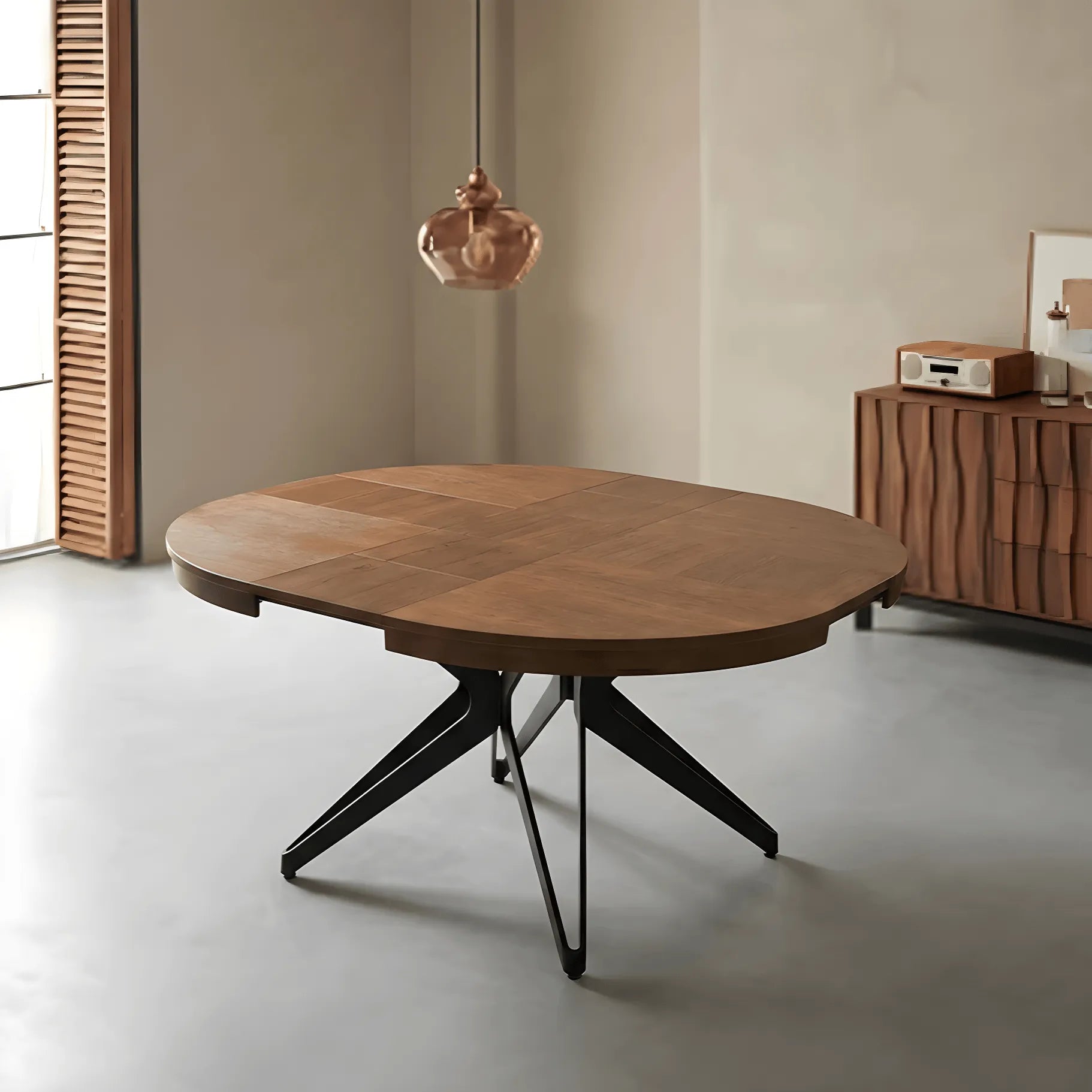 Coco Slim Extendable Table, Round Wood Dining Design With Brass Legs