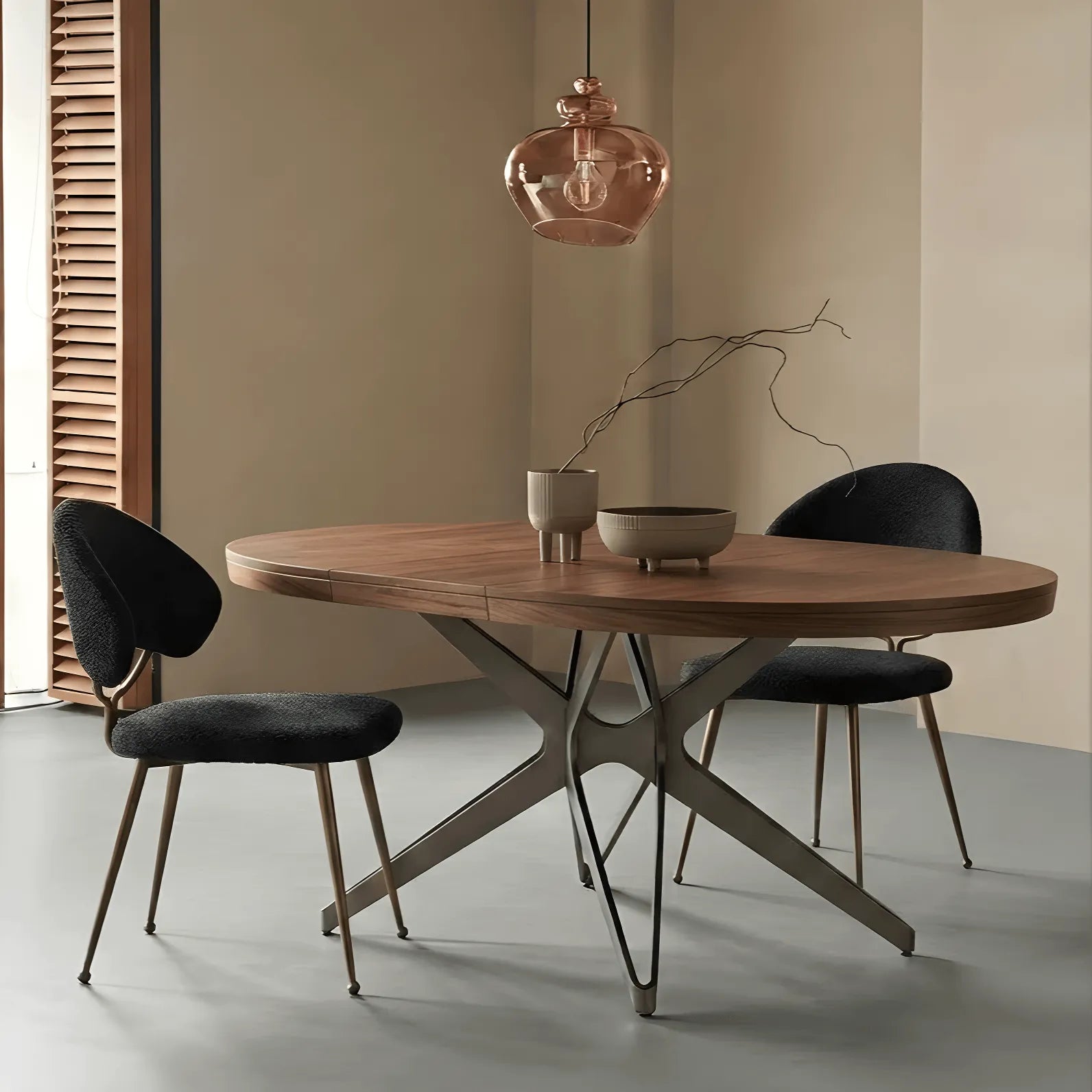 Coco Slim Extendable Table, Round Wood Dining Design With Brass Legs
