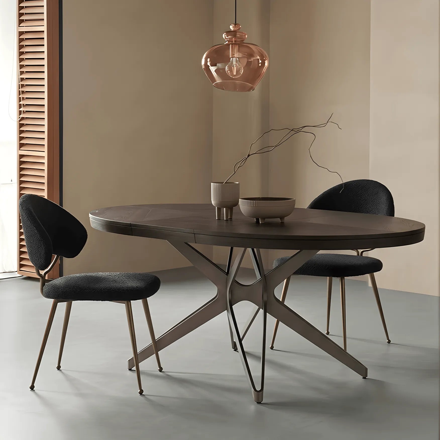 Coco Slim Extendable Table, Round Wood Dining Design With Brass Legs