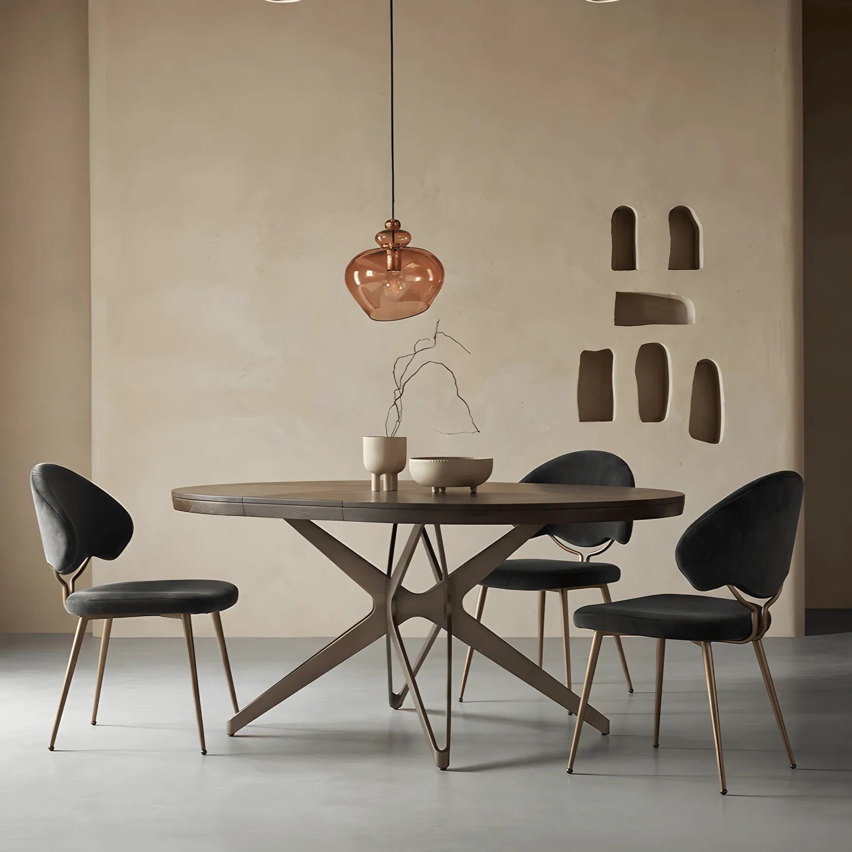Coco Slim Extendable Table, Round Wood Dining Design With Brass Legs