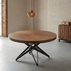 Coco Slim Extendable Table, Round Wood Dining Design With Brass Legs Main Product Image