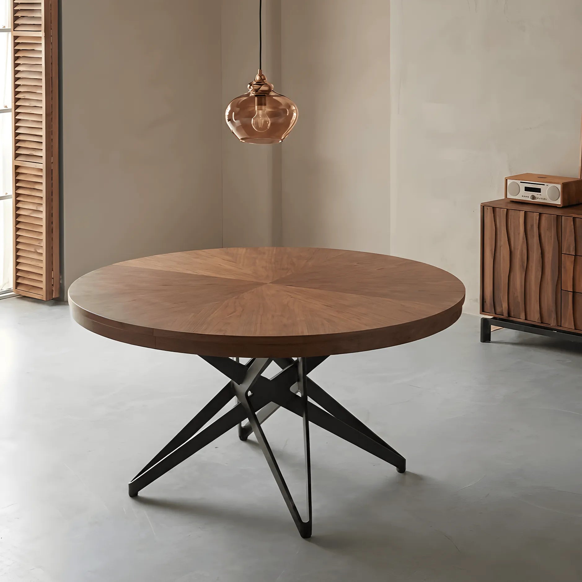 Coco Slim Extendable Table, Round Wood Dining Design With Brass Legs Main Product Image