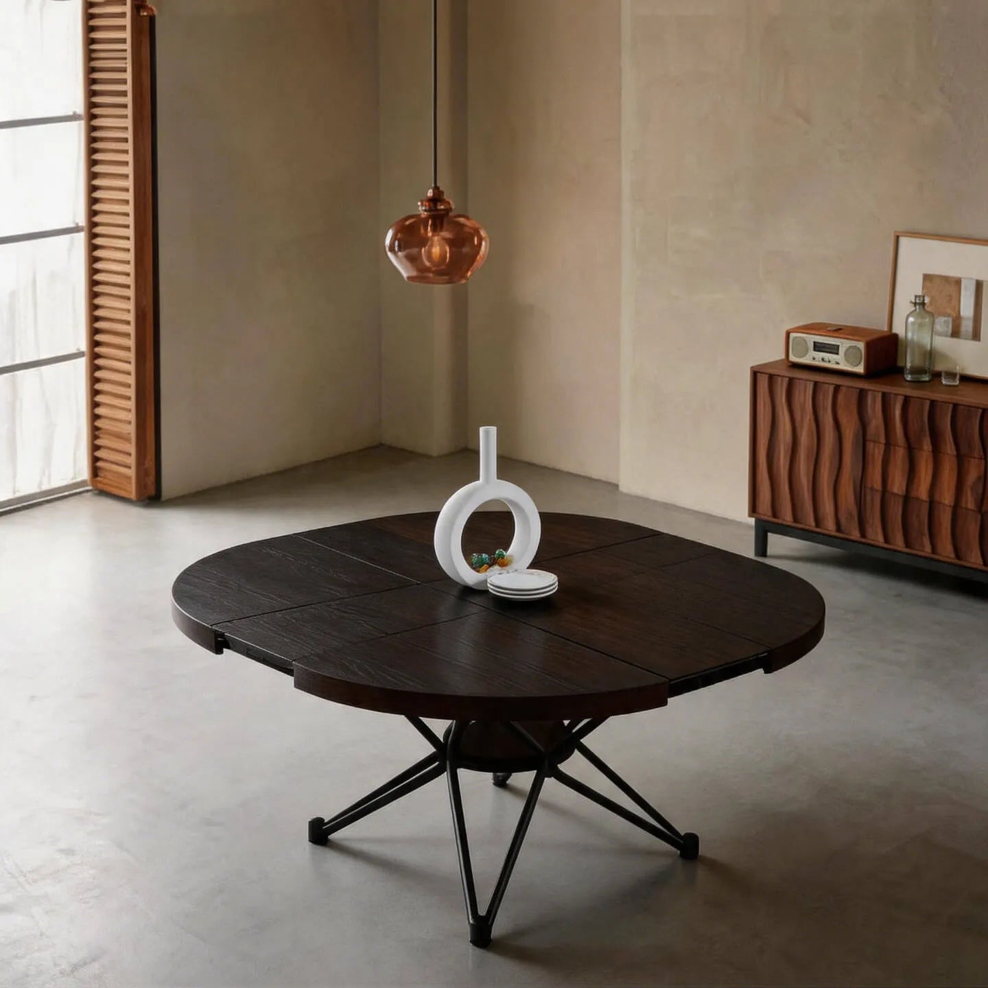 Coco Slim Walnut Extendable Table With Sculptural Starburst Base