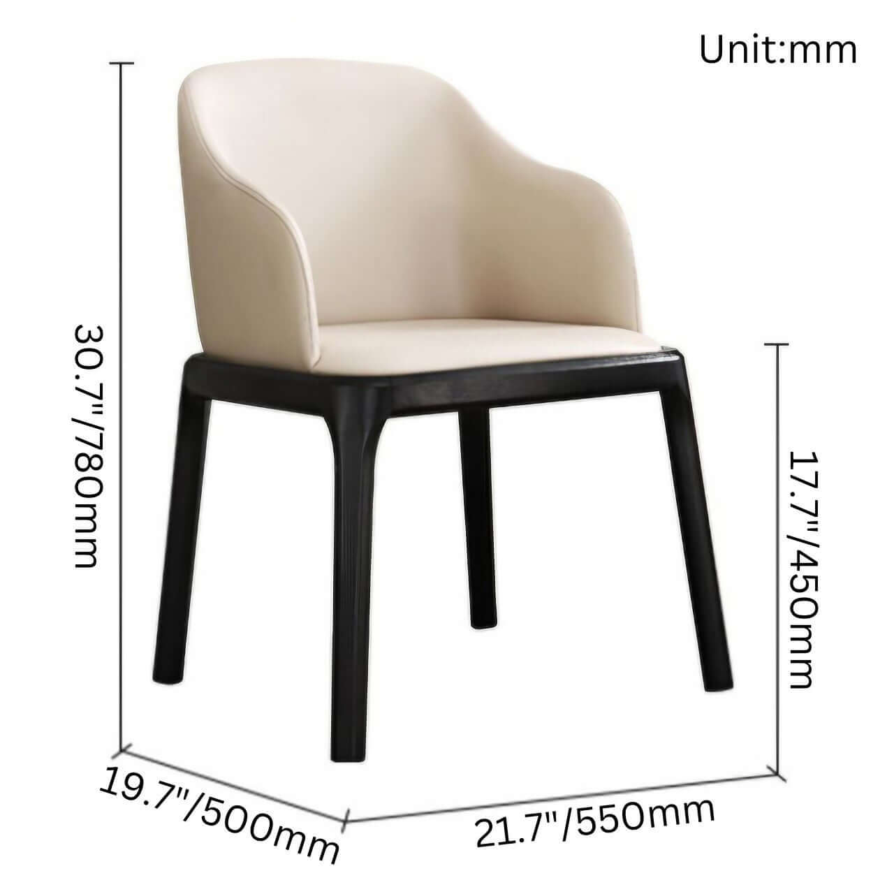 Durable coffee brown leather dining chair with whitewax wood frame, single seat dimensions