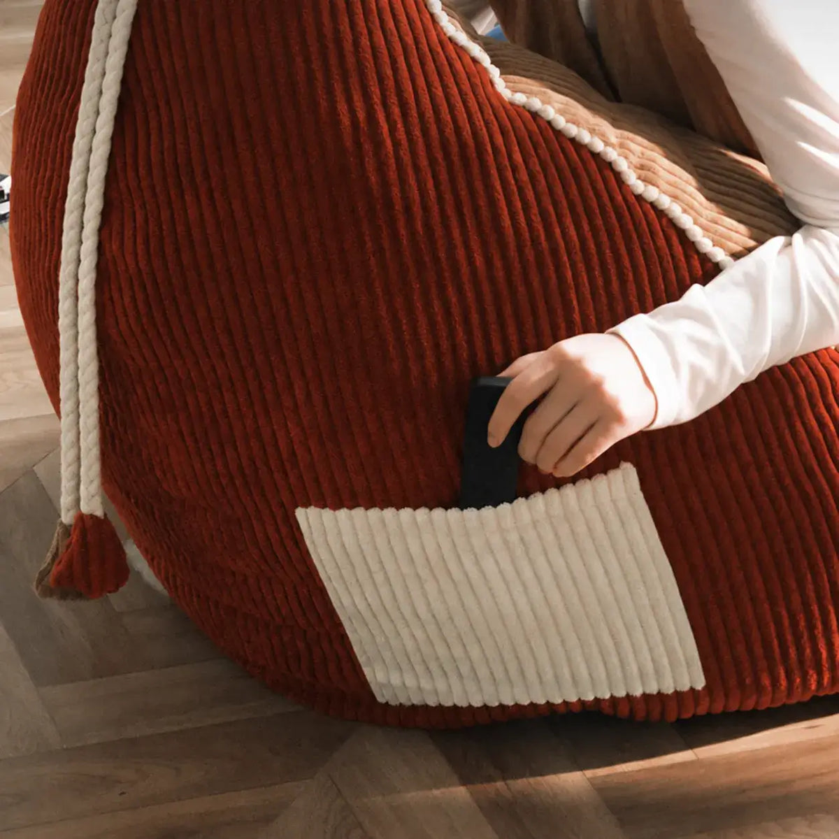 Color-Block Corduroy Bean Bag Lounge Seat with French Tassel Trim