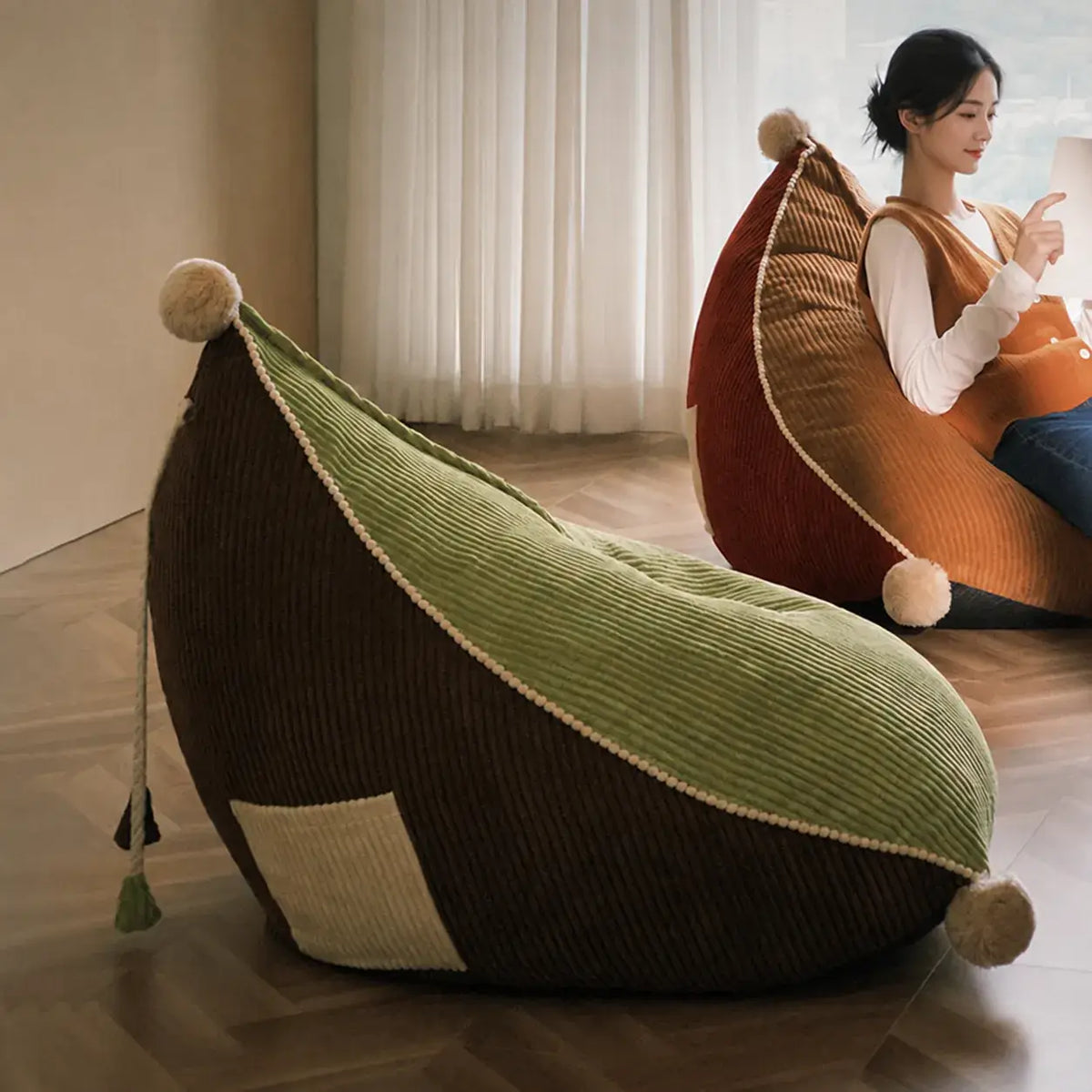 Color-Block Corduroy Bean Bag Lounge Seat with French Tassel Trim