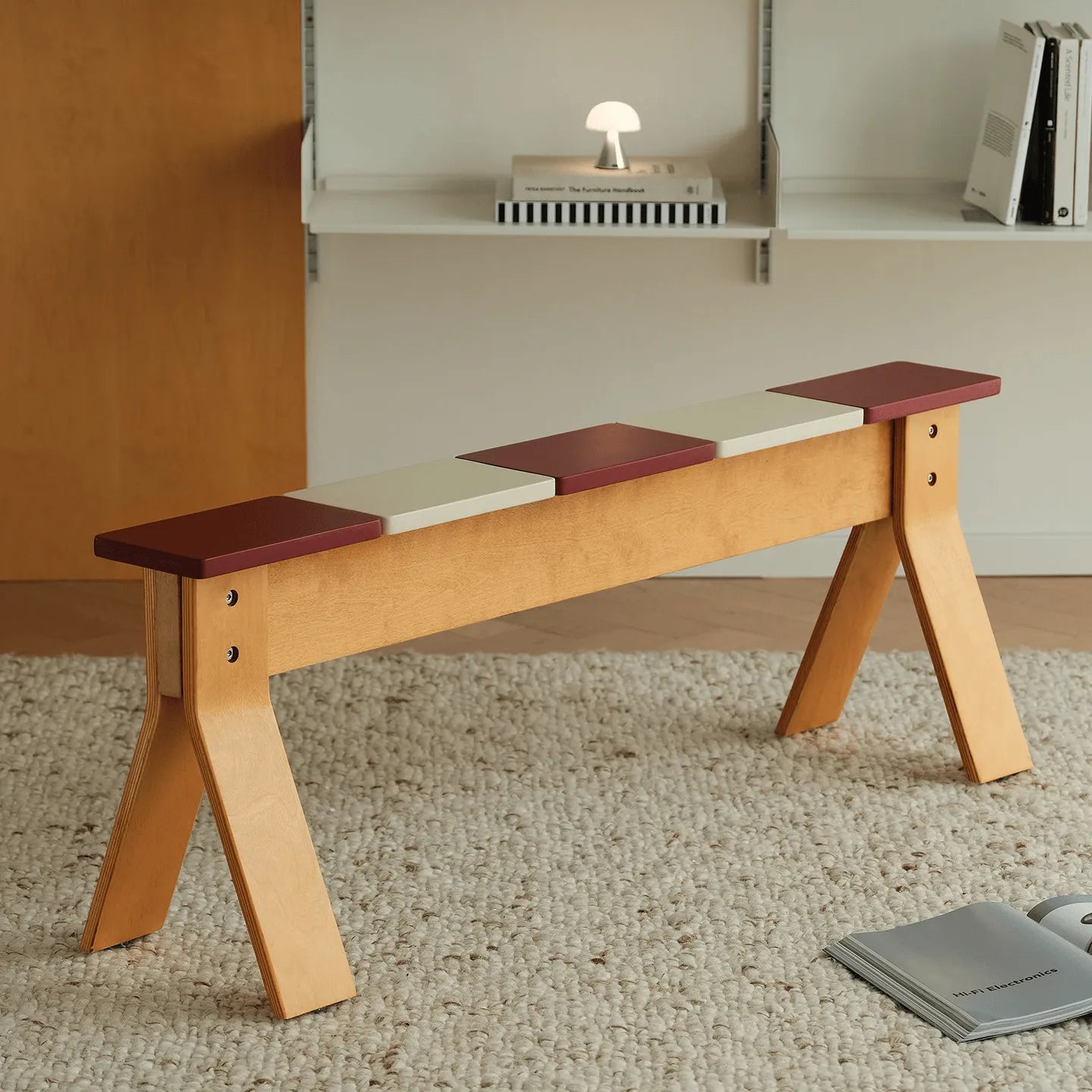 Color-Block Wooden Indoor Bench with Rounded Edges and Splayed Legs