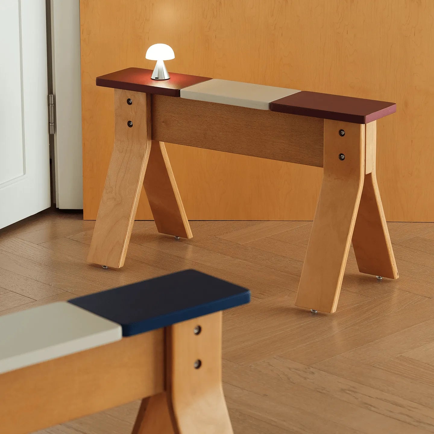 Color-Block Wooden Indoor Bench with Rounded Edges and Splayed Legs