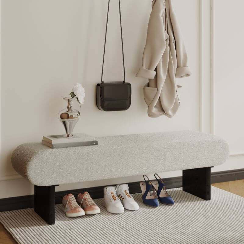 Compact Backless Bedroom Bench with Plush Sherpa Padding and Natural Wood Base Image secondaire du produit