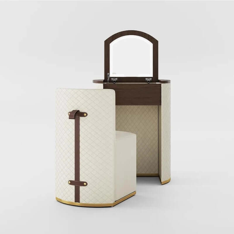 Compact Beige Makeup Vanity Set With Faux Leather & Stool