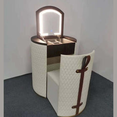 Compact Beige Makeup Vanity Set With Faux Leather & Stool