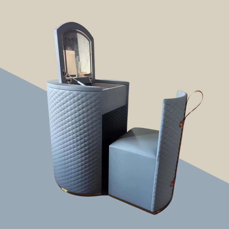 Compact Beige Makeup Vanity Set With Faux Leather & Stool